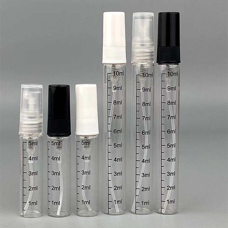 Bouteilles de parfum en verre à échelle de 2 ml, 3 ml, 5 ml, 10 ml, huile essentielle, liquide, échantillons vides, tubes à essai, flacons transparents, noir et blanc, bouchon en plastique, emballage cosmétique, bouteille d'essai