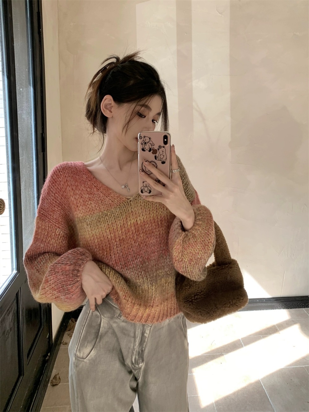 Autumn New Women's V-Neck Gradient Rainbow Color Lose Long Sleeve Sticked tröja Jumpers SMLXL