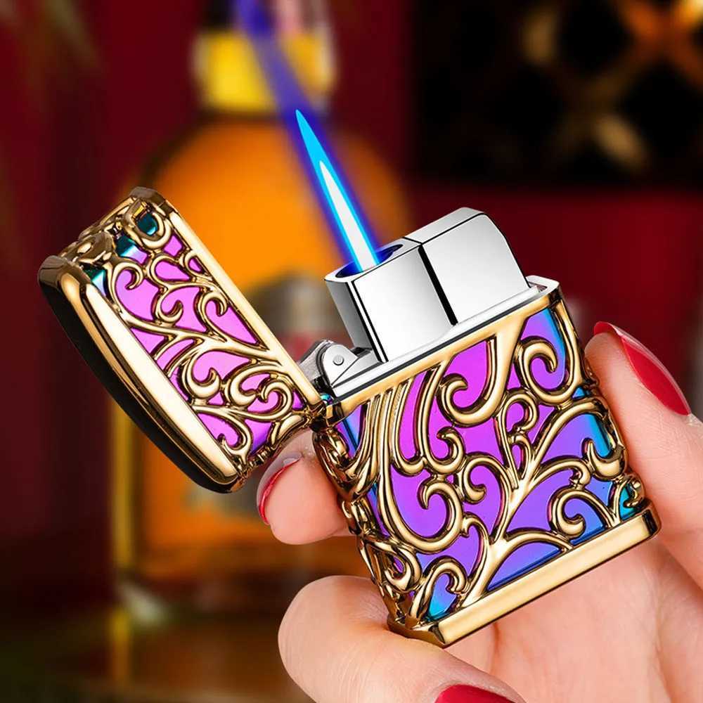 Lighters Creative Hollow Pattern Windproof Jet Lighter Cool Metal Body Blue Flame Refillable Butane No Gas Torch Lighters Gift For Men UWIL