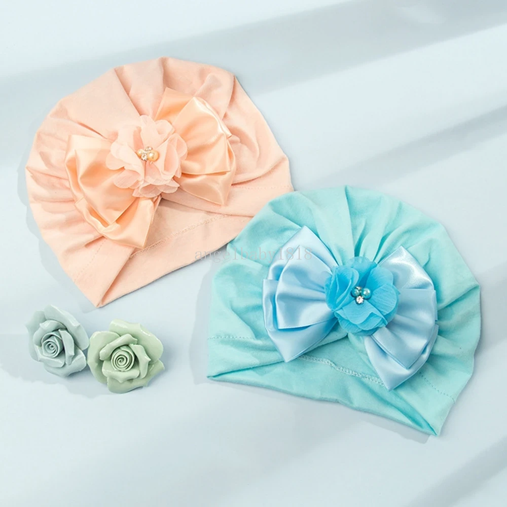 Solid Color Flower Baby Hat Big Bowknot Girl Hats Turban Knot Head Wraps Kids Bonnet Beanie Headwear Newborn Photography Props