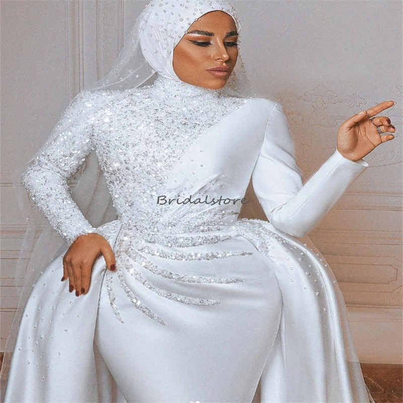 Glitzerndes muslimisches Hochzeitskleid mit Overksirt-Schleppe, glitzerndes Elfenbein, Meerjungfrau, arabische Dubai-Brautkleider, langärmelig, Damen-Brautkleid, Vestido De Noiva, Casamento Chic