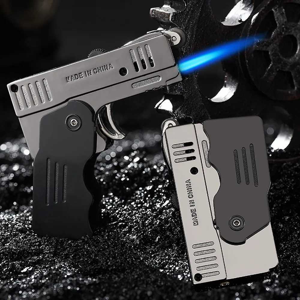 Lighters Creative wielokrotnego użytku Lighther Gun Model Turbo Spray Butan Dual Flame Składany pistolet Lżejszy wiatroodporność palenia Akcesoria TS41