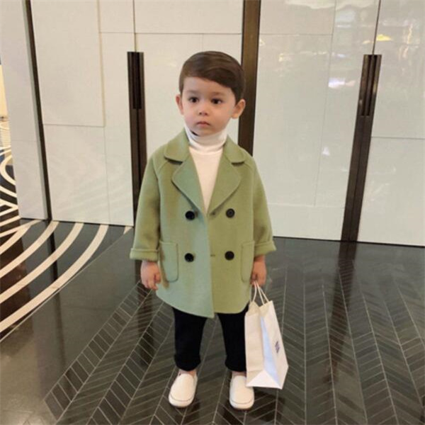 Children's spring and autumn new coat boy baby woolen coat long double-breasted warm infant toddler lapel tweed winter coat