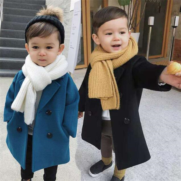 Children's spring and autumn new coat boy baby woolen coat long double-breasted warm infant toddler lapel tweed winter coat