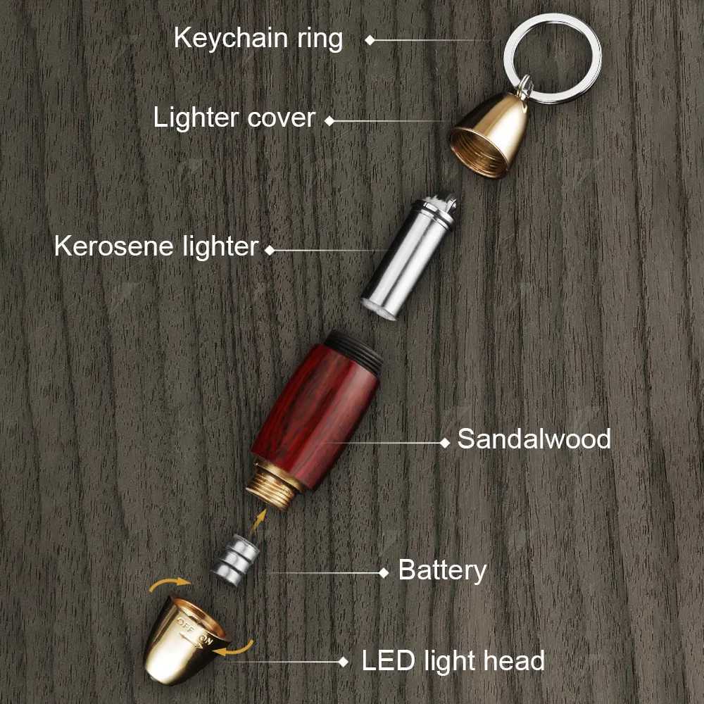 Isqueiros Dzi Design Sândalo Querosene Isqueiro Criativo Mini Chaveiro Rebolo Sem Gasolina Flint Isqueiro Com Lanterna Presente Para Homens C3B7