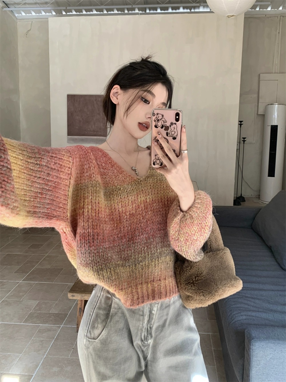 Autumn New Women's V-Neck Gradient Rainbow Color Lose Long Sleeve Sticked tröja Jumpers SMLXL