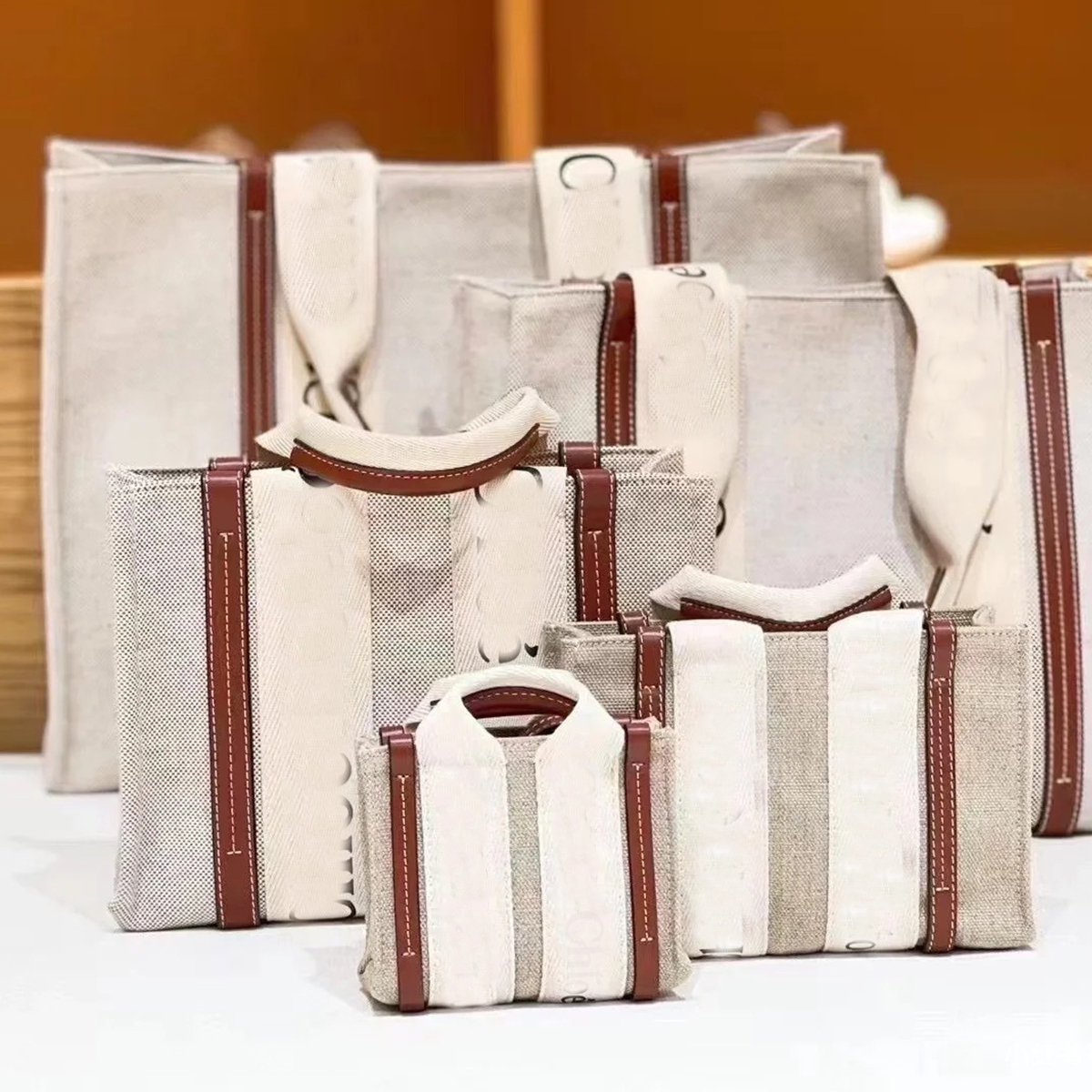 Stora lådor Woody Totes 9a kvalitetslinne träy plånbok läder tygväska designer handväskor duk kväll väska mode shopping väska med liten unisex handväska handväska