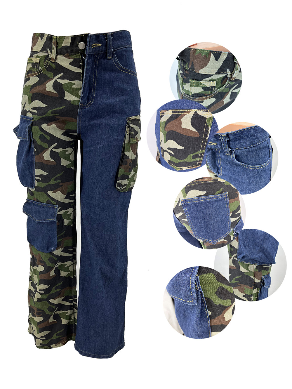 Designer Denim Camo Pants Women High midjebyxor med Posckets 2xl Fall Winter Vintage Distressed Straight Jeans Long Byxor Partihandel 10186