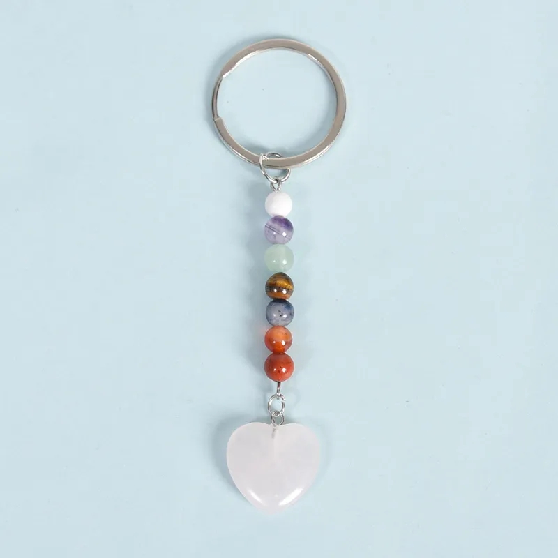 Porte-clés en pierre naturelle, 7 couleurs, perles Chakra, en forme de cœur, minéral, bijoux en vrac