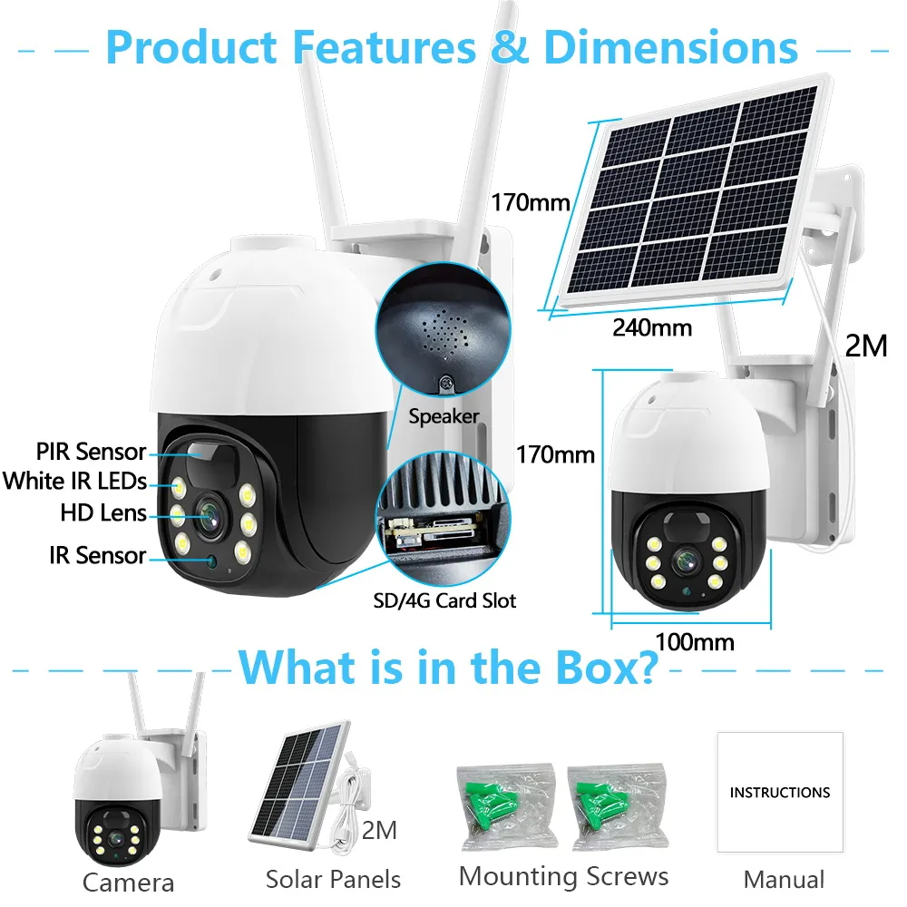 5MP 360 Rotera PTZ Solar IP Camera 4G Sim Card/WiFi Motion Detection Alarm Recording Color Night Vision CCTV Security Camera