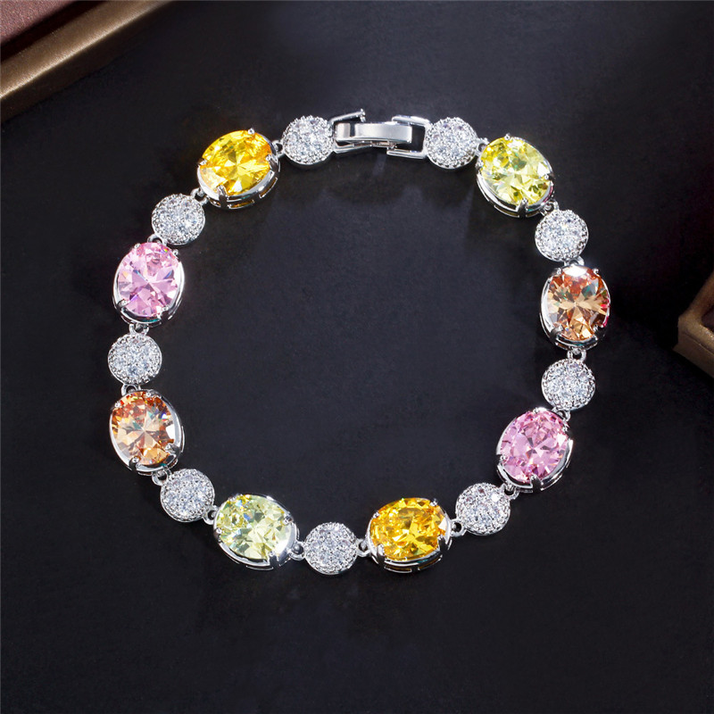 Charm Colorful Diamond Round Tennis Designer Bracelet Woman Party AAA Cubic Zirconia Copper Crystal Silver Bracelets Womens Valentines Day Gift Luxury Jewelry