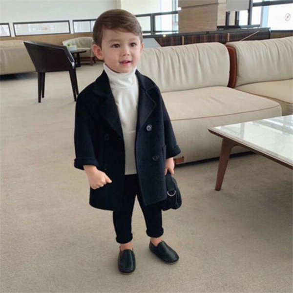 Children's spring and autumn new coat boy baby woolen coat long double-breasted warm infant toddler lapel tweed winter coat