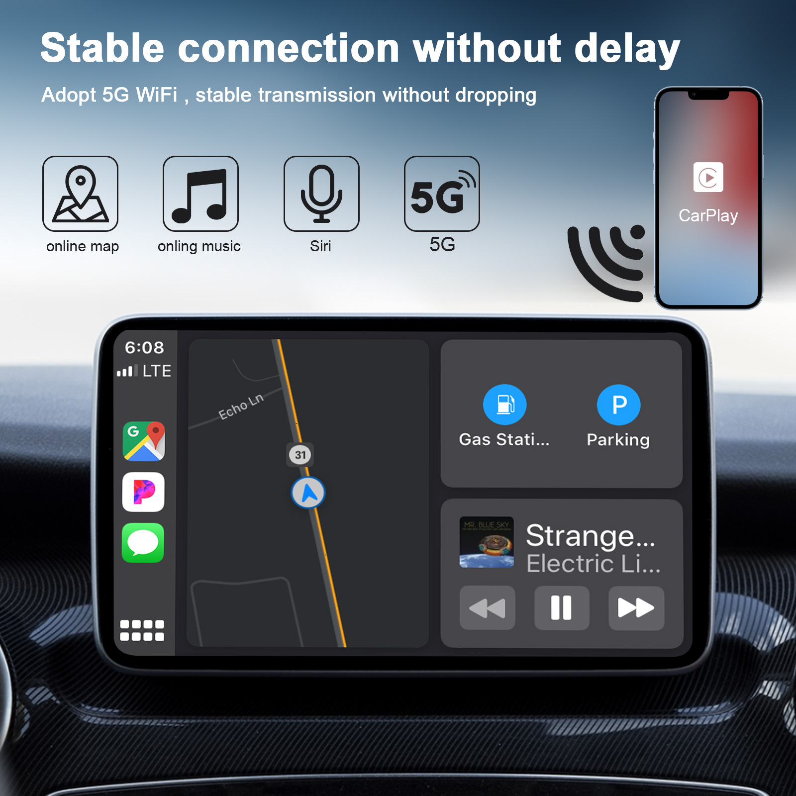 Trådlös carplay -adapter kompatibel med äppeltelefoner Uppgradering av plugg Play Dongle Wired Convert för bilar med fabrikskräpad carplay -passform för iPhone