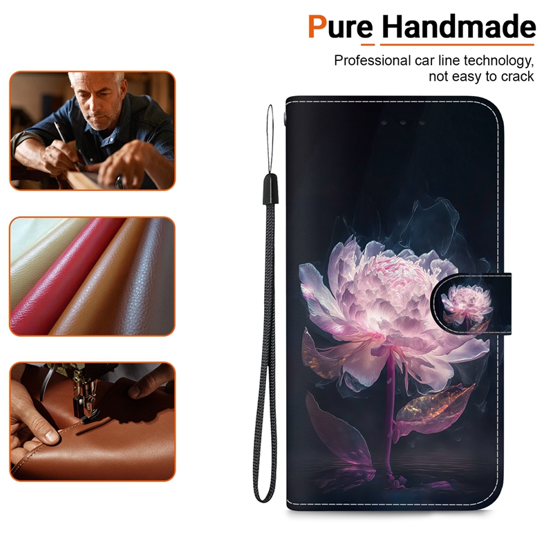 Pfingstrose Blume PU Leder Brieftasche Hüllen für iPhone 15 14 Pro Max 13 12 11 X XS XR 8 7 Plus Druck Schmetterling Sakura Blüte Lilie ID Kartensteckplatz Halter Flip Cover Mode Tasche