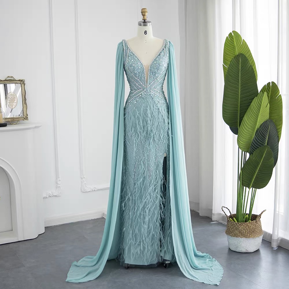 Luxury Evening Dress Heavy Industry Long sleeved Mermaid Tail Slim Beaded Front Fork Dubai Arab Robe AS207