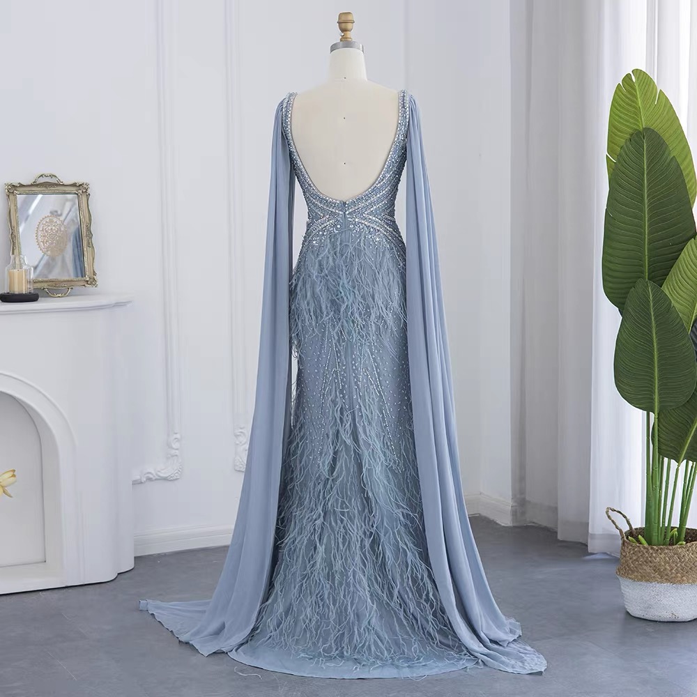 Luxury Evening Dress Heavy Industry Long sleeved Mermaid Tail Slim Beaded Front Fork Dubai Arab Robe AS207