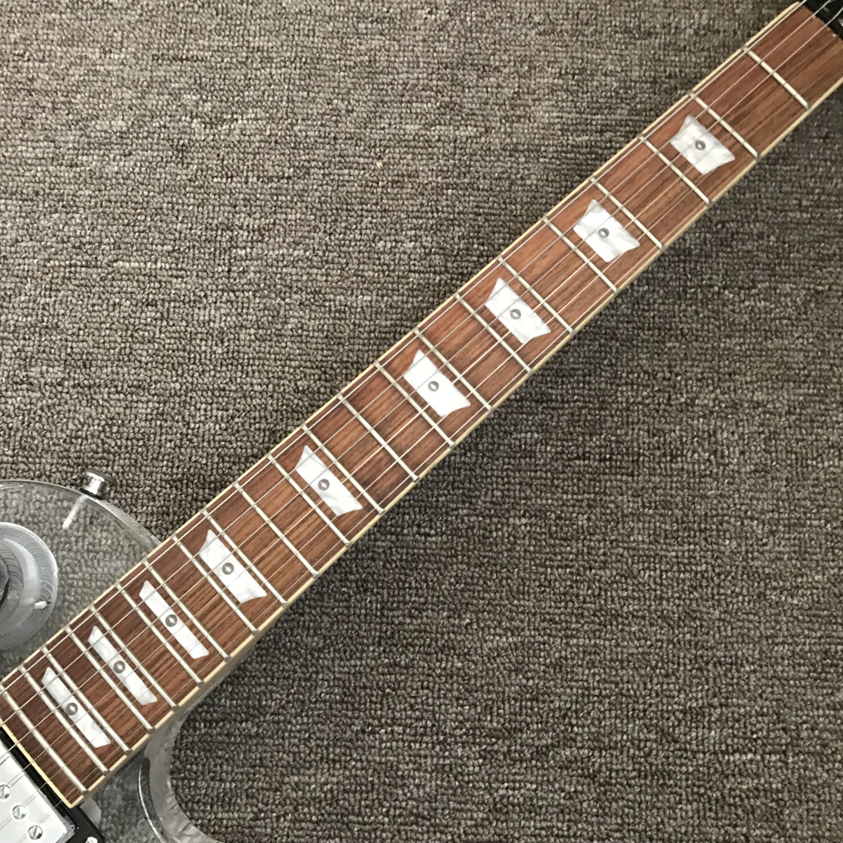 Loja personalizada, feita na China, guitarra elétrica de cristal padrão de alta qualidade, hardware cromado, luz azul, frete grátis