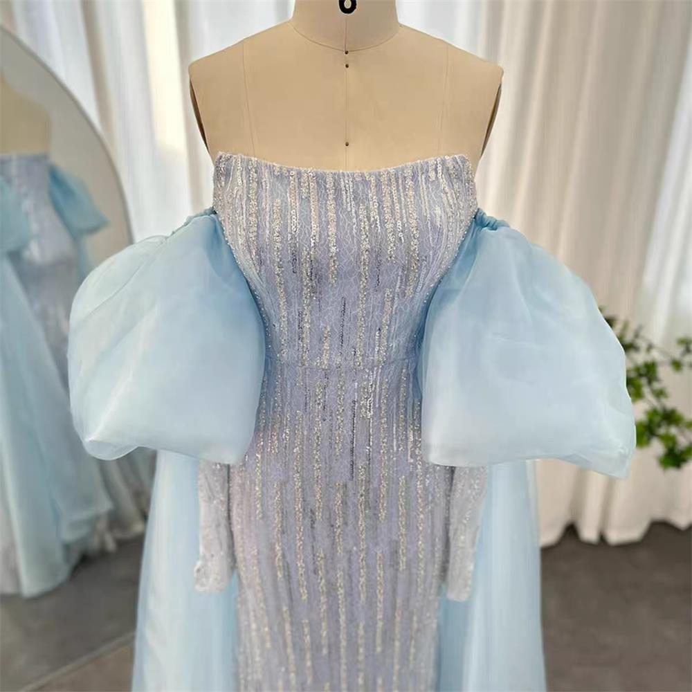 Royal Blue Shawl Evening Dress Sparkling Mermaid Satin Plus Size Dubai Arab Robe Long Dress AS296