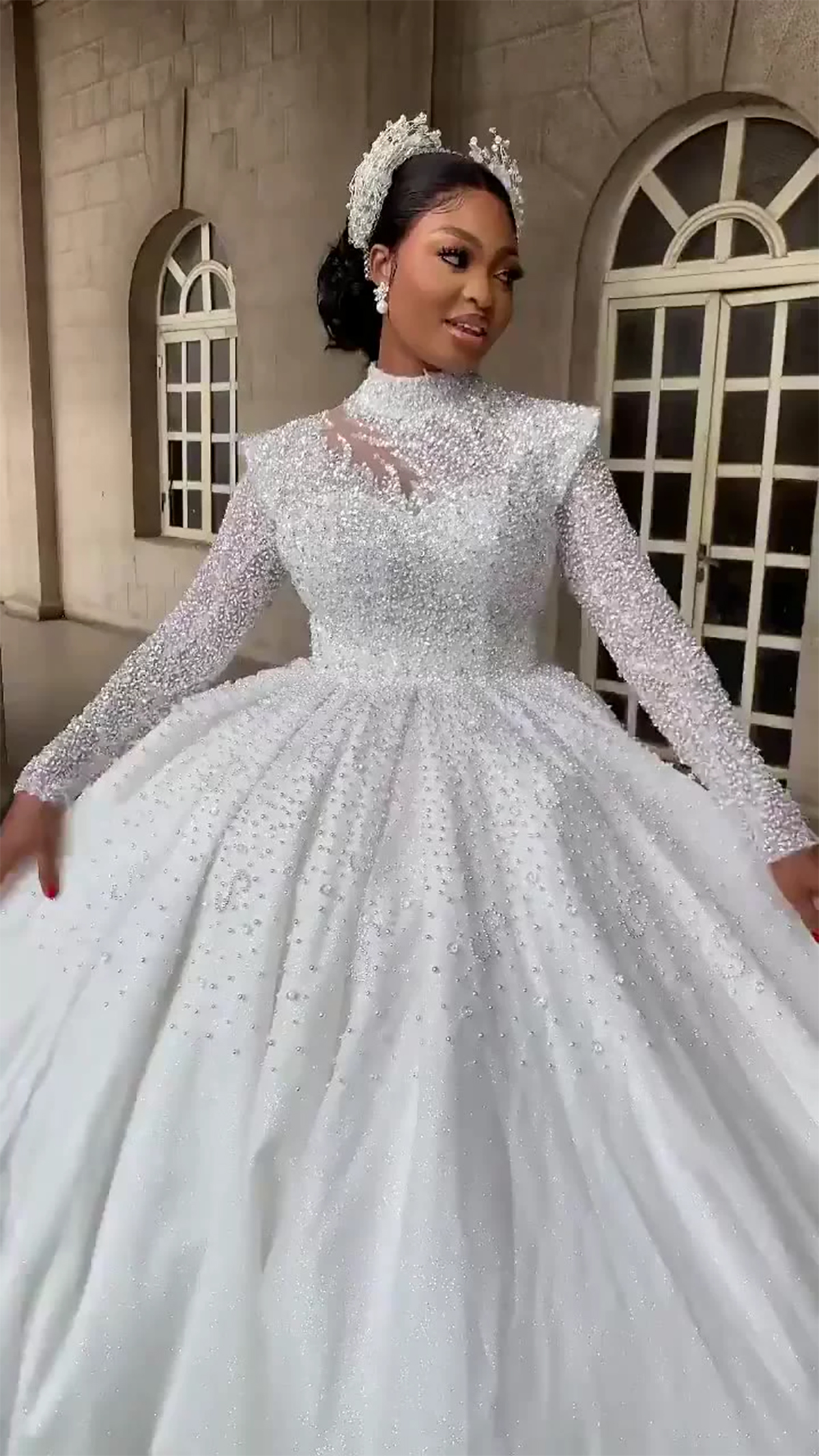 Luxo brilhante lantejoulas vestido de casamento clássico vestido de baile vestido de casamento modesto miçangas manga longa vestidos de noiva novia