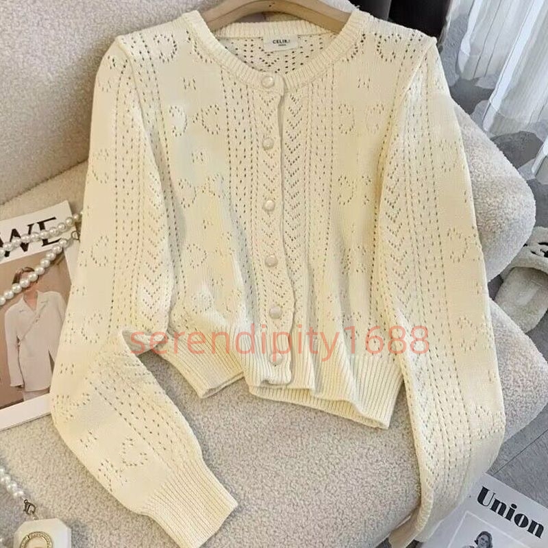 Designer Beige Exquisite Hollow Design Sense Sticked Cardigan Lång ärm Loose Short Blus Female New Autumn Korean version