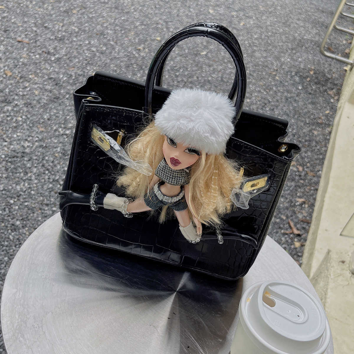 En Birkns lyxväska Kardashian Remake Joke Bates Doll Tidal Cool Glacier White Grey Barbie Pink Handbag Women's Tnye