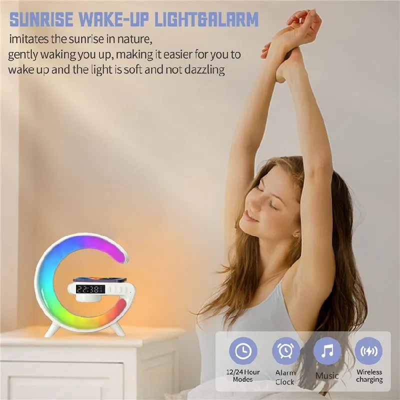 지능형 LED 램프 블루투스 스피커 무선 충전기 분위기 램프 앱 제어 홈 장식 나이트 라이트를위한 휴대용 스피커