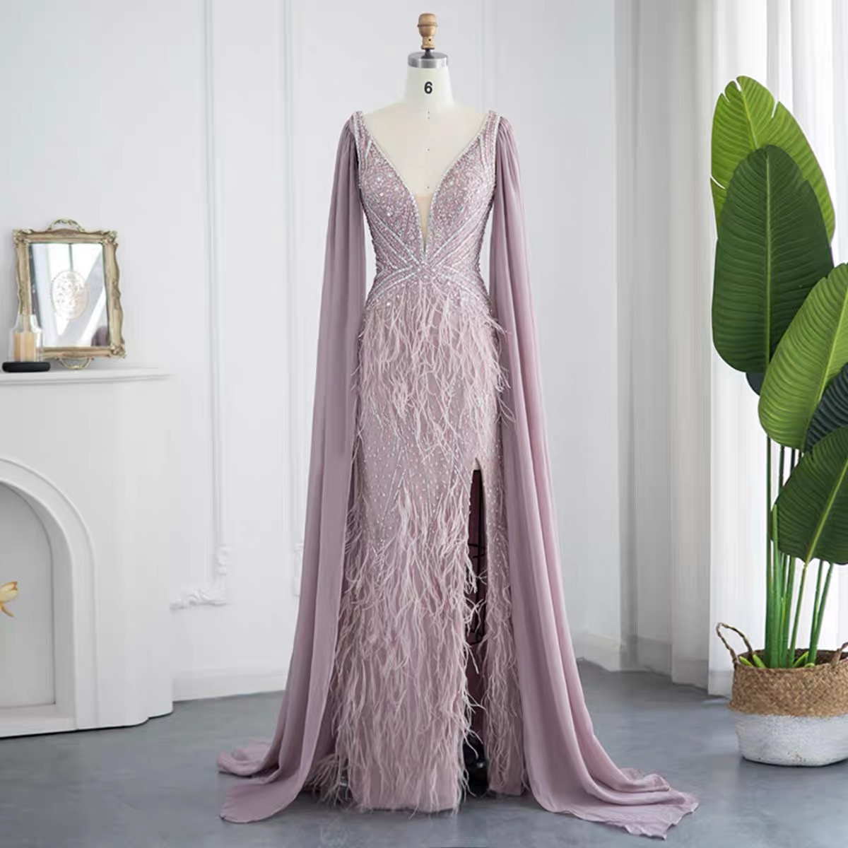 Luxury Evening Dress Heavy Industry Long sleeved Mermaid Tail Slim Beaded Front Fork Dubai Arab Robe AS207