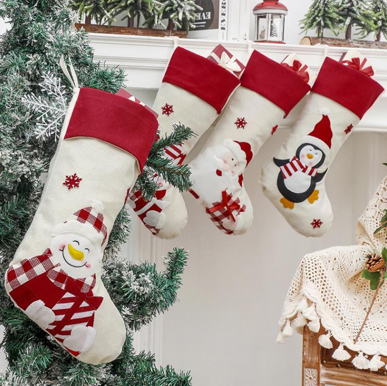 Ornements de Noël en lin Bas Chaussettes avec Père Noël Noël Joli sac pour enfants Sac cadeau de bonbons Cheminée Décoration d'arbre de Noël SN4481