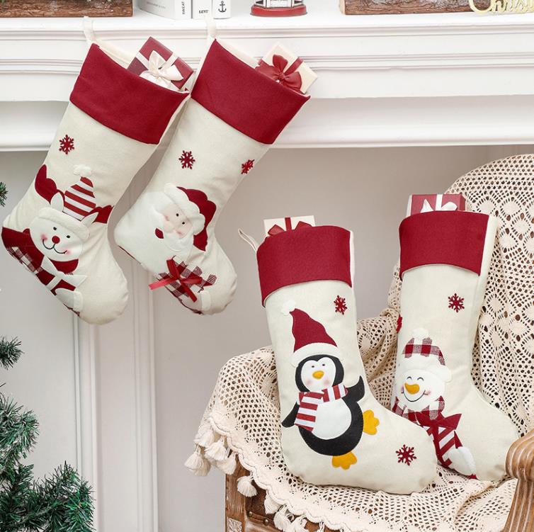 Ornements de Noël en lin Bas Chaussettes avec Père Noël Noël Joli sac pour enfants Sac cadeau de bonbons Cheminée Décoration d'arbre de Noël SN4481