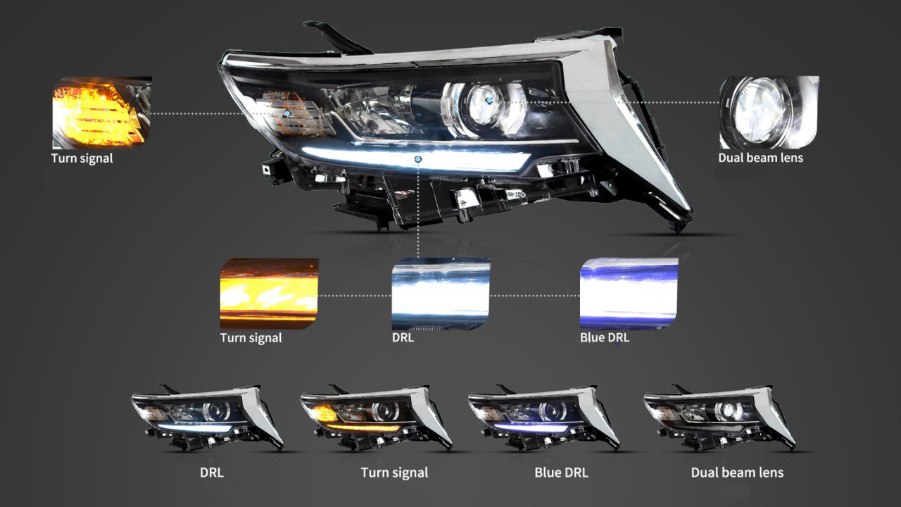 Auto LED Front Lampe Tagfahrlicht Scheinwerfer Montage Für Toyota PRADO 17-21 Streamer Blinker Blau DRL dual strahl Objektiv
