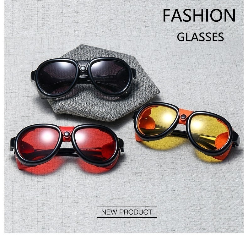 Designer sunglasses PU Leather Frame Punk Sunglasses For Men Black Steampunk Round Eyewear