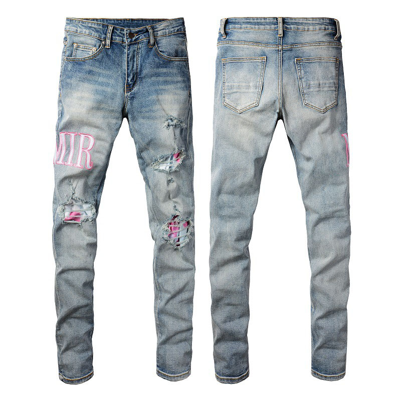 Jeans pour hommes High Street Jeans Hommes Lettre Brodée Denim Pantalon Trou Patch Slim Fit Pantalon