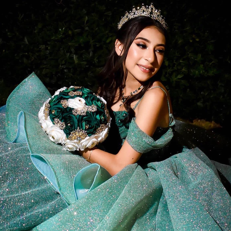 Grön glänsande av axelbollklänningen Quinceanera -klänningar för flickor glittrande pärlstav blommor födelsedagsfest klänningar spetsar tillbaka