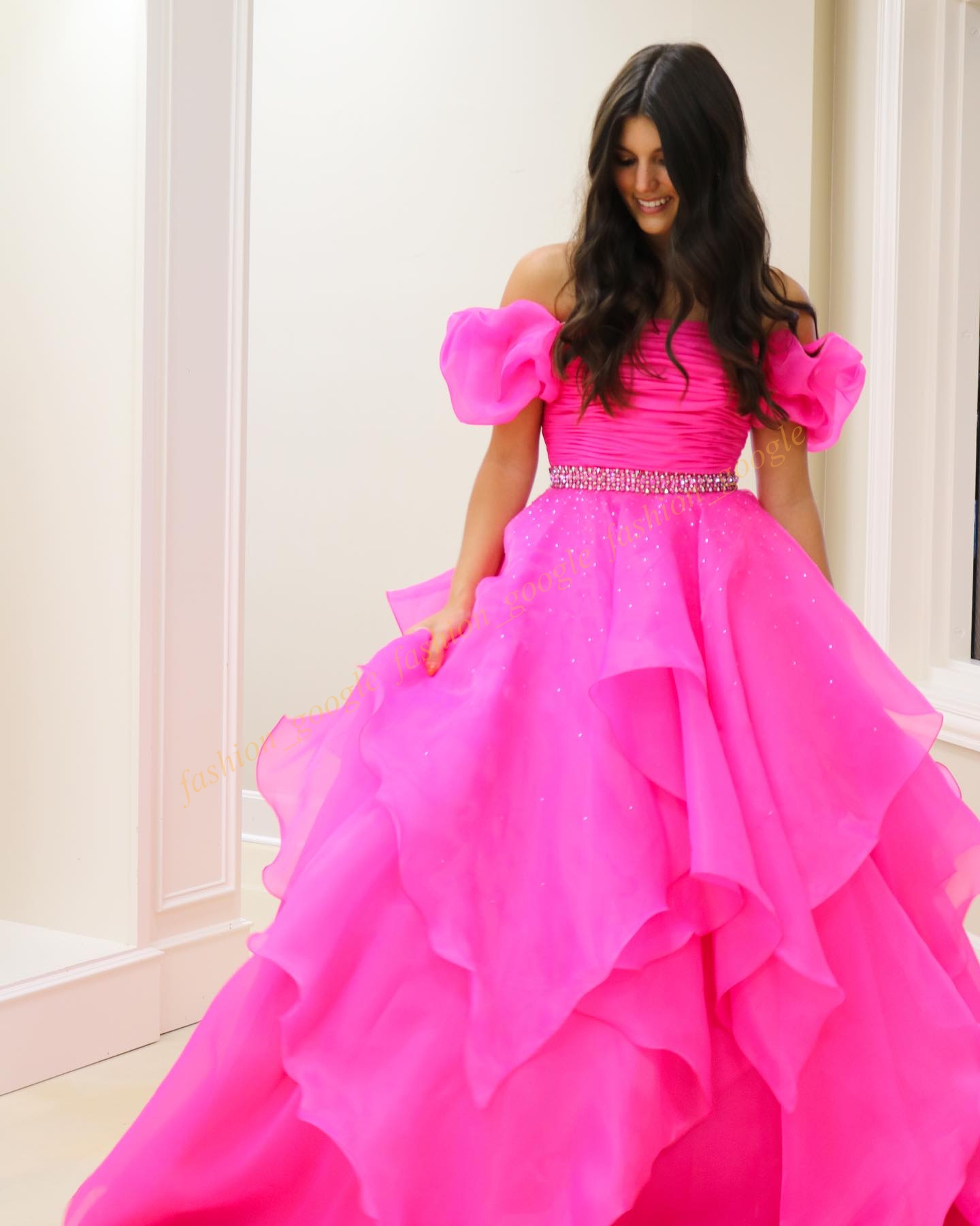 Puff rękawy długa sukienka balowa 2K24 Off Ramper Ruffles Organza Ballgown Lady Contraż Zima Formalna impreza koktajlowa suknia Koktajlowa Sash Ava Fuchsia Red Purple