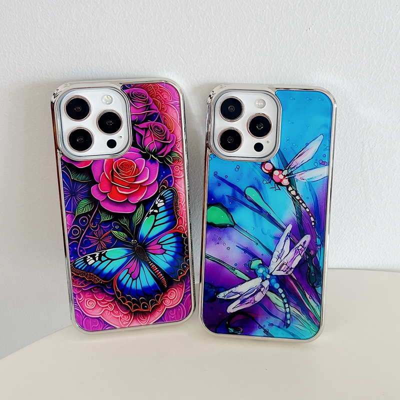 Capas cromadas de flores elegantes para Samsung A54 A34 A14 5G A24 A53 A13 S23 Ultra S22 S21 Iphone 15 Plus 14 Pro Max 13 Bird Butterfly Chapeamento Galvanizado Hard PC TPU Capa