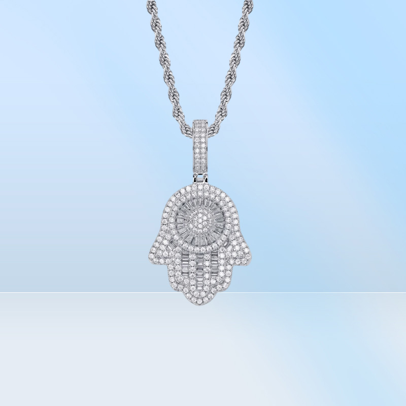 Iced Out Hamsa Pendant Necklace For Men Luxury Designer Mens Bling Diamond Hand of Fatima Pendants Hip Hop Amulet Halsband Jewelr4472365