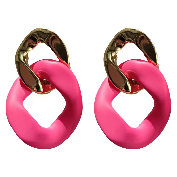 Handmade alloy material post link chain earring pink color jewelry fashion earrings for woman