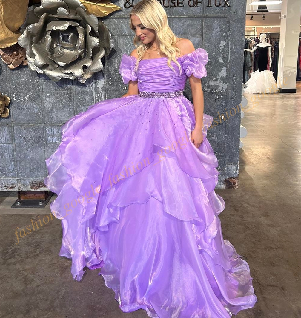 Puff rękawy długa sukienka balowa 2K24 Off Ramper Ruffles Organza Ballgown Lady Contraż Zima Formalna impreza koktajlowa suknia Koktajlowa Sash Ava Fuchsia Red Purple