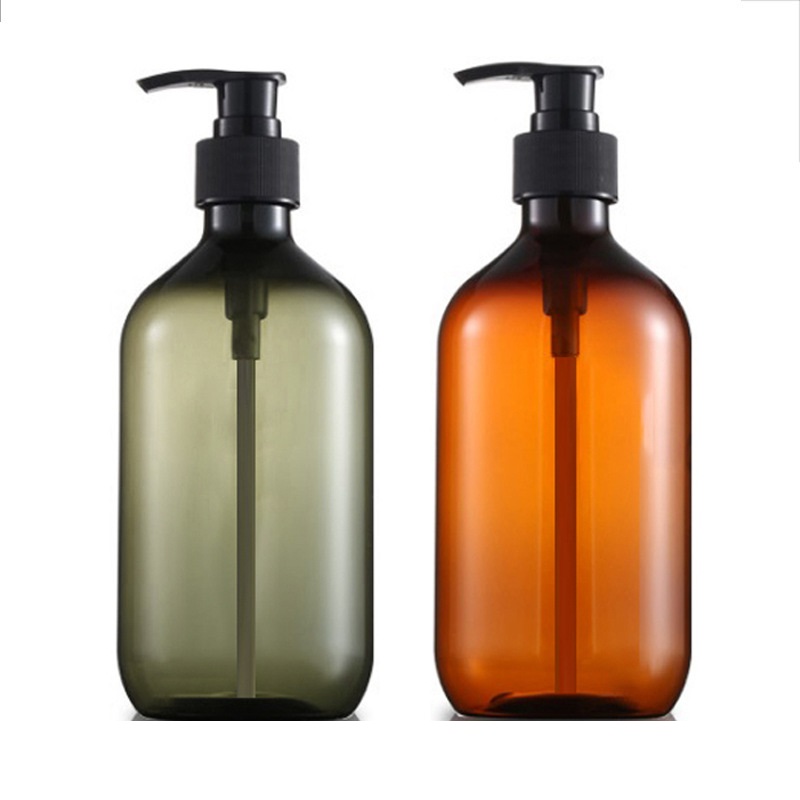 Bouteille à pompe en plastique PET marron vert clair blanc épaule plate PET contenants d'emballage rechargeables pour cosmétiques bouteilles vides de lotion pour shampooing, gel douche 300 ml 500 ml