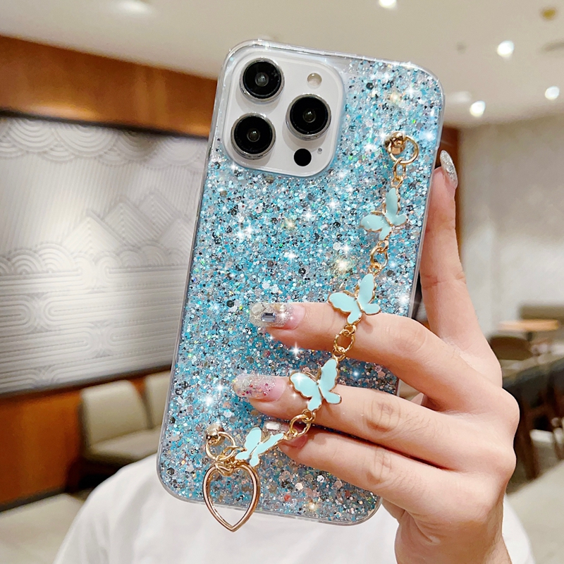 Bling Confetti Butterfly Case för iPhone 15 Plus 14 Pro Max 13 12 11 XR XS X 8 7 6 med handleden Chian Strap Heart Love Armband Butterfly Foil Sequin Glitter Soft TPU Cover