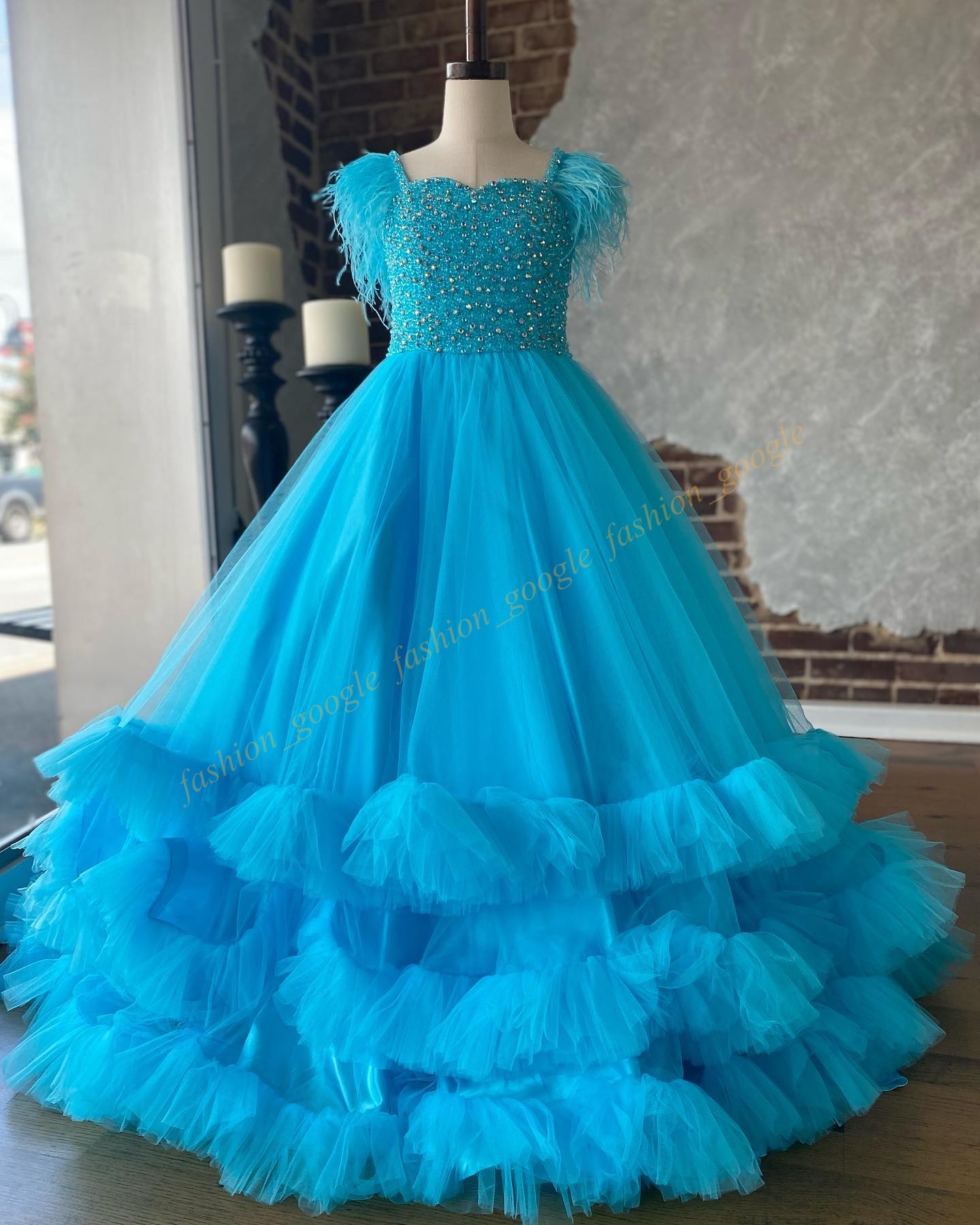 Bubblegum Girl Pageant Dress 2024 Feather Shoulder Crystal Tiered Aqua Tulle Little Kid Fun Fashion Runway Drama Cocktail Party Gown Toddler Teen Preteen Miss Sugar