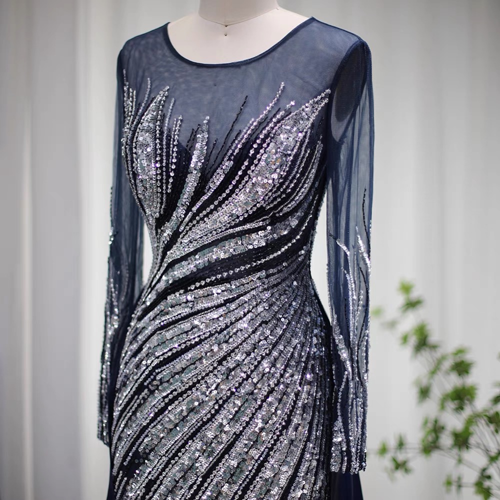 Robe de soirée sirène de luxe à manches longues et paillettes perlées Robe arabe de dubaï AS305