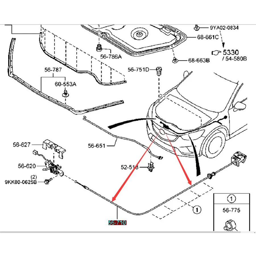 Cabo de liberação do fio do capô do carro com alça 56-710 para Mazda CX5 2012-2015 KD53-56-720