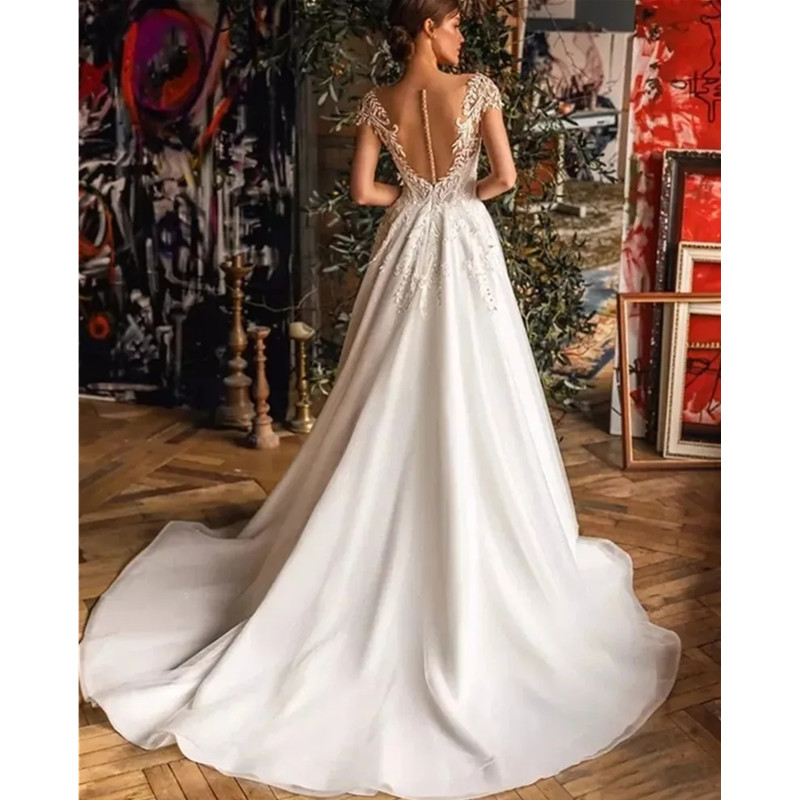 Beach A-Line V-Neck Lace Wedding Dress Boho Off The Shoulder Bride Gown Illlusion With Button For Bride Vestido De Novia