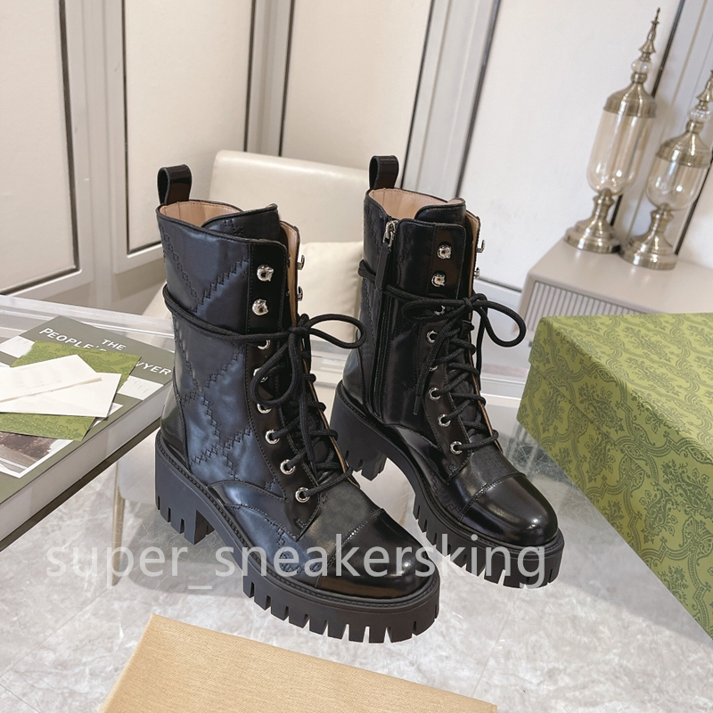 Autumn Winter Boots Top Brand Women's Designer G quiltade spetsar upp stövlar svarta stövlar Martin stövlar långärmad stövlar läder stövlar storlek 35-42 med låda