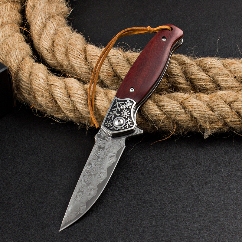 Special Offer H1088 Flipper Folding Knife Damascus Steel Straight Blade Rosewood with Steel Head Handle Outdoor EDC Pocket Folder Knives with Leather Sheath