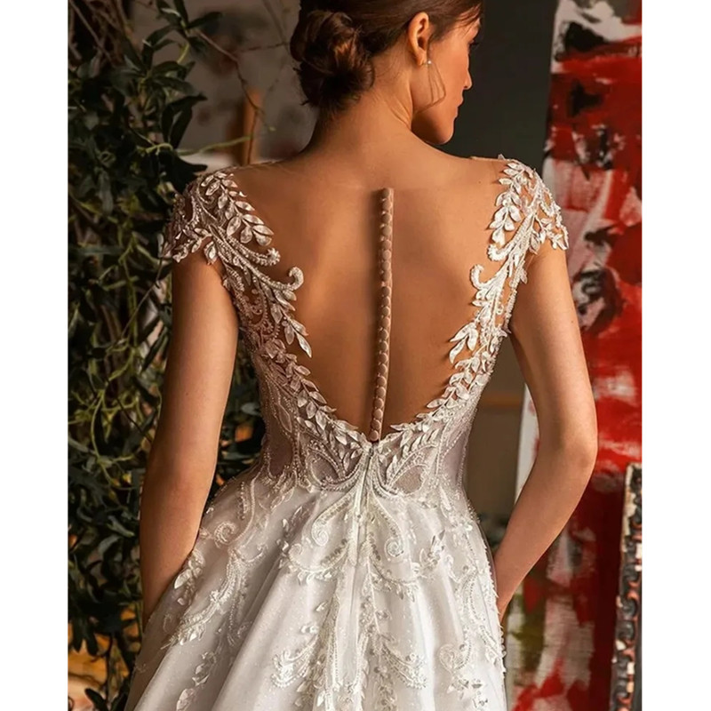 Beach A-Line V-Neck Lace Wedding Dress Boho Off The Shoulder Bride Gown Illlusion With Button For Bride Vestido De Novia