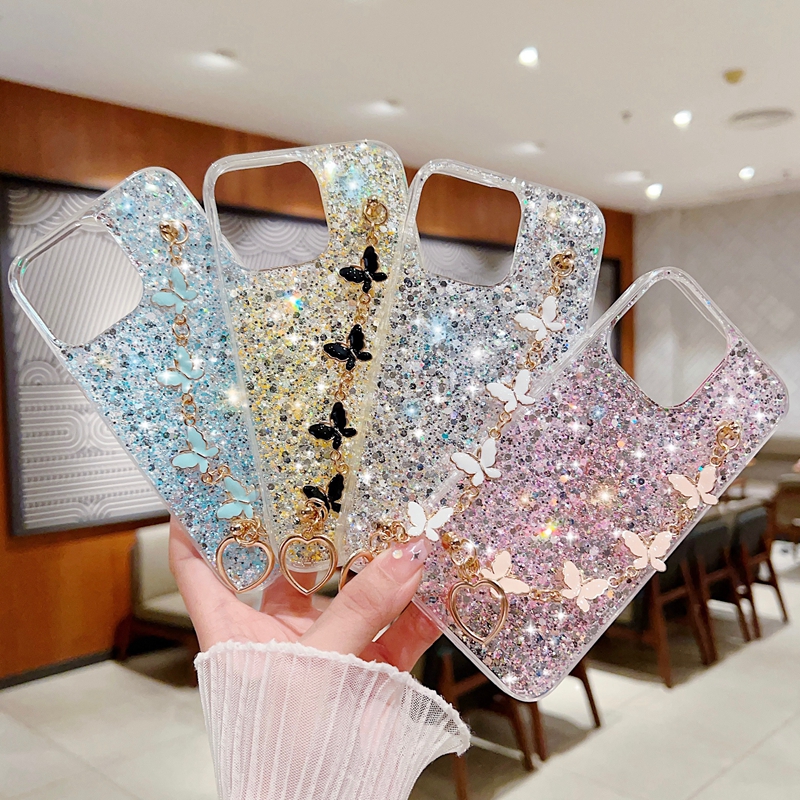 Bling Confetti Butterfly Case för iPhone 15 Plus 14 Pro Max 13 12 11 XR XS X 8 7 6 med handleden Chian Strap Heart Love Armband Butterfly Foil Sequin Glitter Soft TPU Cover