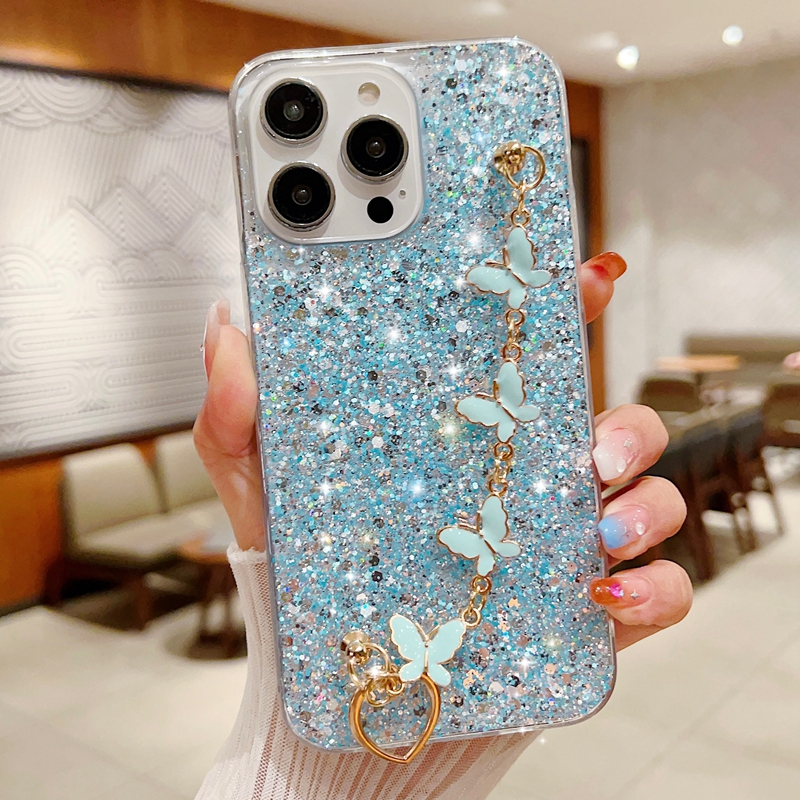 Bling Confetti Butterfly Case för iPhone 15 Plus 14 Pro Max 13 12 11 XR XS X 8 7 6 med handleden Chian Strap Heart Love Armband Butterfly Foil Sequin Glitter Soft TPU Cover