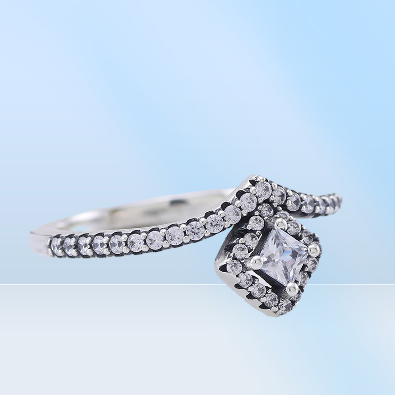 Kadınlar Square Sparkle Wishbone Yüzüğü Gerçek 925 Sterling Gümüş Düğün Takı CZ Diamond Girlfriend Hediye Sevgilisi Orijinal Box4688528